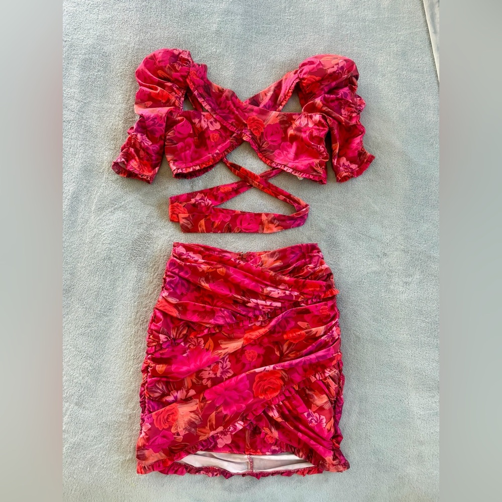 For Love and Lemons Women’s Floral Red Two-Piece Top and Skirt Set Size S